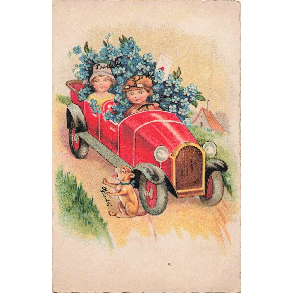 Vintage Postcard Children Red Car Forget-Me-Not Flowers Dog 1931 Finland